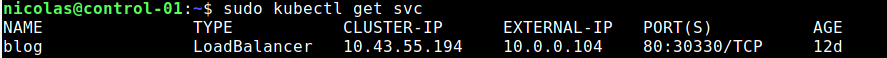 Le service blog se voit attribuer l'adresse 10.0.0.104 par MetalLB