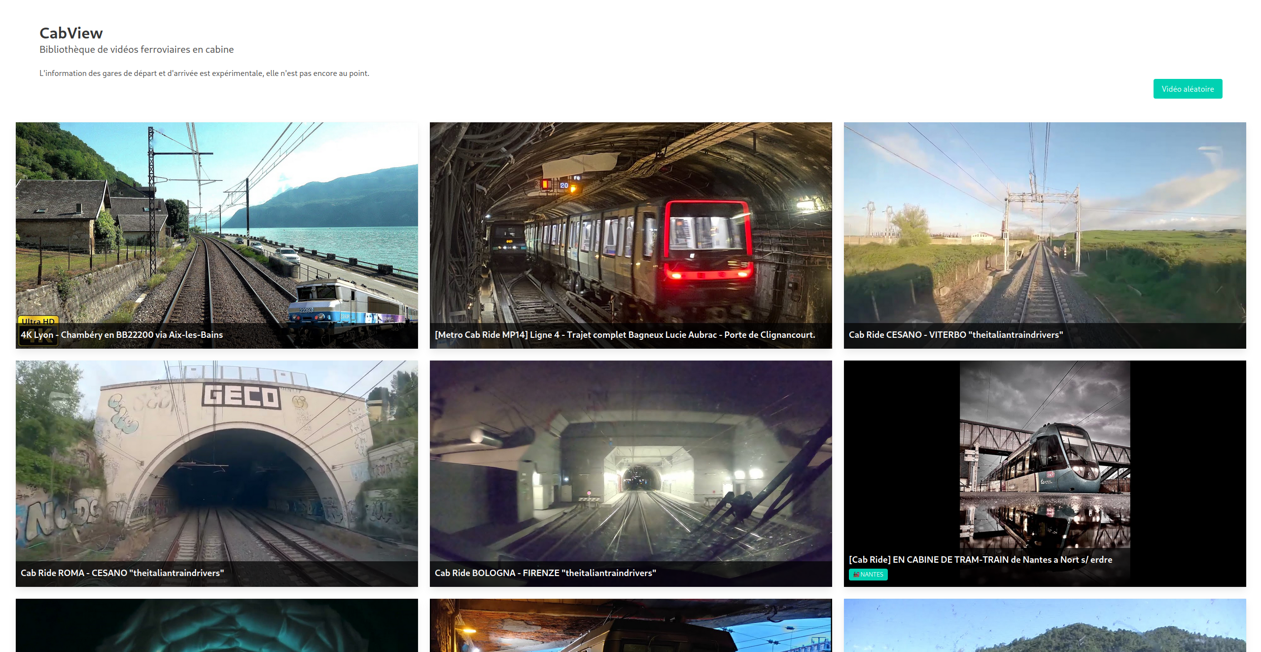 Page d'accueil de CabView, on y trouve le titre de la page, la description du projet et les vidéos mises en avant